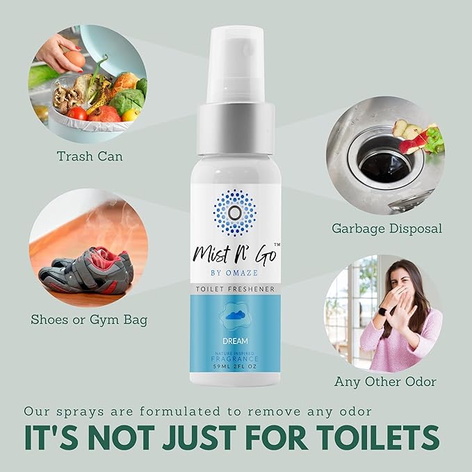 Mist N’ Go by Omaze Travel Bathroom Spray for Toilet Spray Odor Eliminator - Travel Toilet Spray for Bathroom Air Freshener Spray for Bathroom Deodorizer - Dream Regular Size (2oz x5)