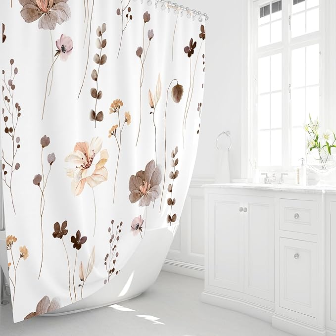 Gibelle Watercolor Floral Shower Curtain, Brown Beige Flower Shower Curtain for Bathroom, Modern Minimalist Waterproof Fabric Shower Curtain Set 72x72 Inch