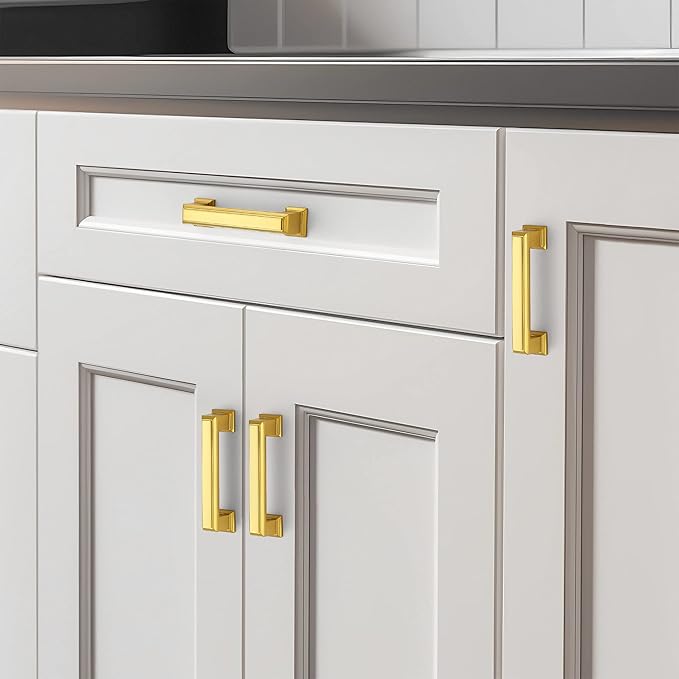 Ravinte Hardware 5 Pack Brushed Brass Cabinet Pulls, 3 Inch (76mm) Hole Center Zinc Alloy Drawer Handles for Kitchen Cabinets, Cupboards, Dressers, Square Solid Metal Hardware