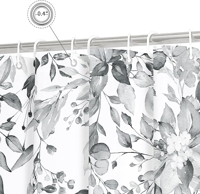 Gibelle Grey Eucalyptus Shower Curtain, Watercolor Plant Leaves with Floral Bathroom Shower Curtain Set, Gray White, 72x72