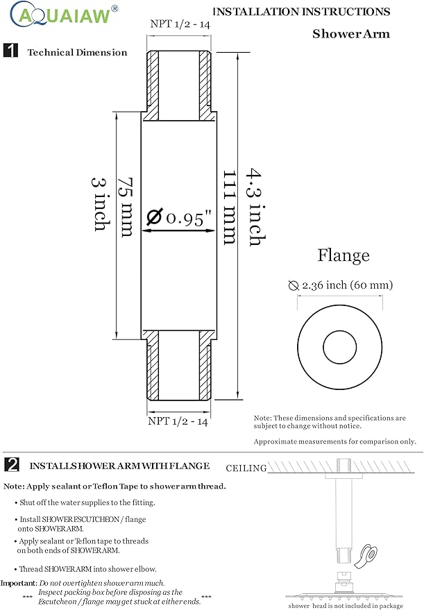 Aquaiaw Shower Arm and O-Ring Flange, 3 inch, Solid Brass, Round, Both Soldered 1/2 NPT Tapered Threads, Straight Shower Arm Extension, Ceiling Shower Head Arm for Rainfall Shower (Brushed Gold)
