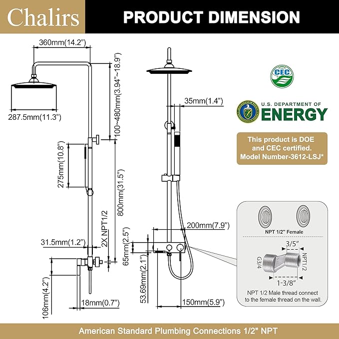 Brushed Gold Exposed Shower System with 2 Modes HandHeld,3 Functions Tub Shower Faucet Sets with Brass Valve, Shower Fixture with 10 Inches Rainfull Shower Head,Shower Height Adjustable