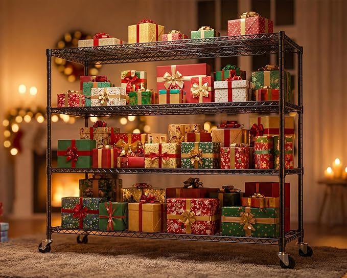 PrimeZone 4 Packs 55.5" W x 24" D x 80" H Heavy Duty Wire Storage Shelves with Wheels, 4 Tier Adjustable NSF Certified Garage Shelving Unit, Rolling Metal Organizer Shelf Rack for Warehouse, Pantry