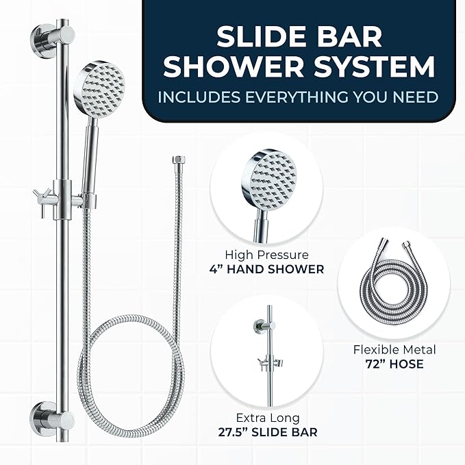 HammerHead Showers® Solid Metal 27.5 Inch Shower Slide Bar Set and Handheld Shower Head with Hose — CHROME — 2.5 GPM High Pressure Spray Wand — Easily Adjust Height & Angle of Handshower