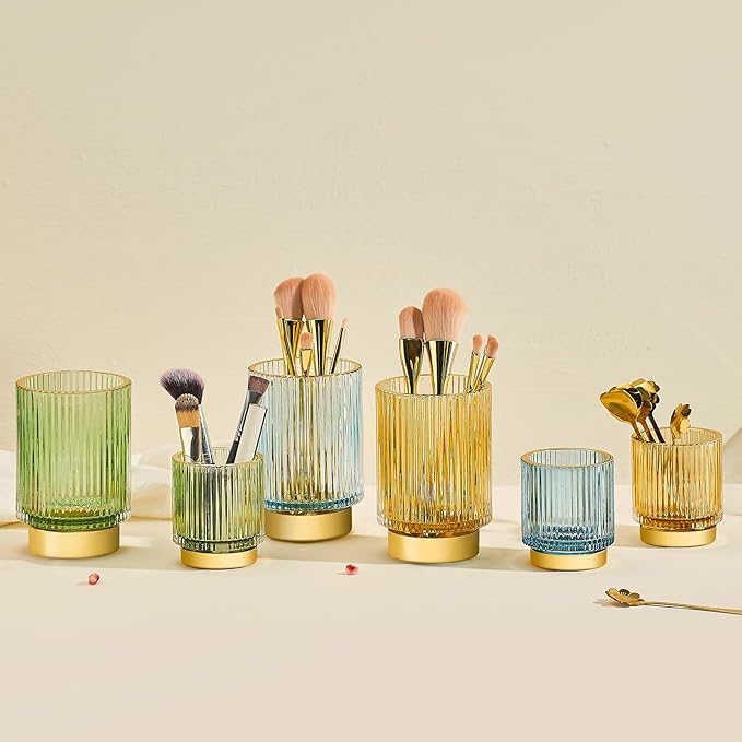 Makeup Brush Organizer, Toothbrush Holder, Desk Pen Pencil Holder, Multifunctional Vintage Glass Brush Cup (S/Blue/A3-13-US)