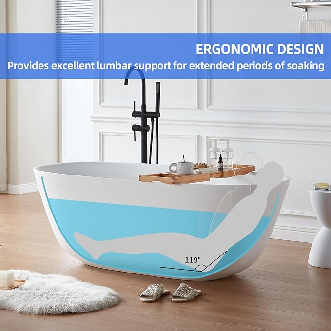 Cpingao 55" Stone Resin Solid Surface Freestanding Bathtub, Modern Elegant Design Soaking Stand Alone Tub, Matte White, Chrome Drain and Overflow Included 8823A-1400