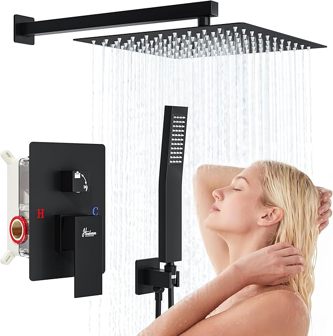 10 Inch Luxury Rain Shower Faucet Set, Matte Black Shower System with Rainfall Shower Head and Handheld Spray, SUS304 Stainless Steel and Solid Brass Wall Mounted Shower Valve Trim Kit
