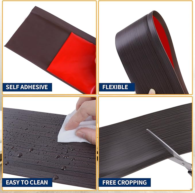 Flexible Baseboard Molding Trim 4 Inch Self-Adhesive Vinyl Wall Base Peel and Stick Cove Base Rubber Wall Baseboard Moulding Trim (40Ft, Dark Walnut Wood Grain)
