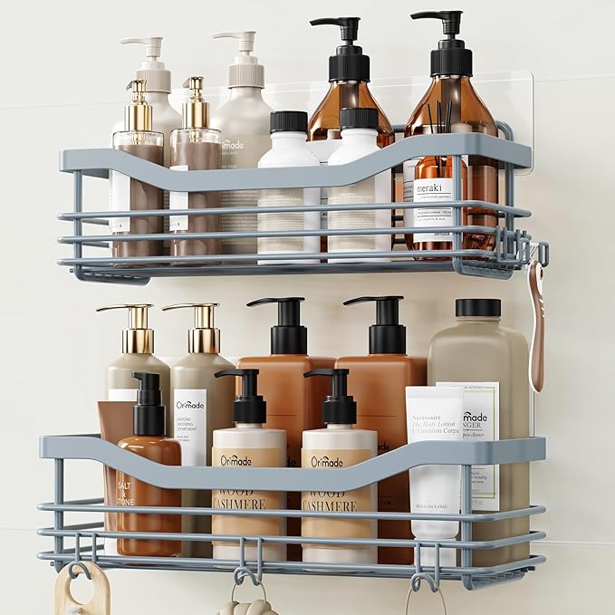 Orimade Shower Caddy Basket Shelf Storage Rack, No Drilling Wall Mounted Adhesive Rust Proof Stainless Steel Shower Organizer with 5 Hooks for Bathroom, Light Blue Grey 2 Pack