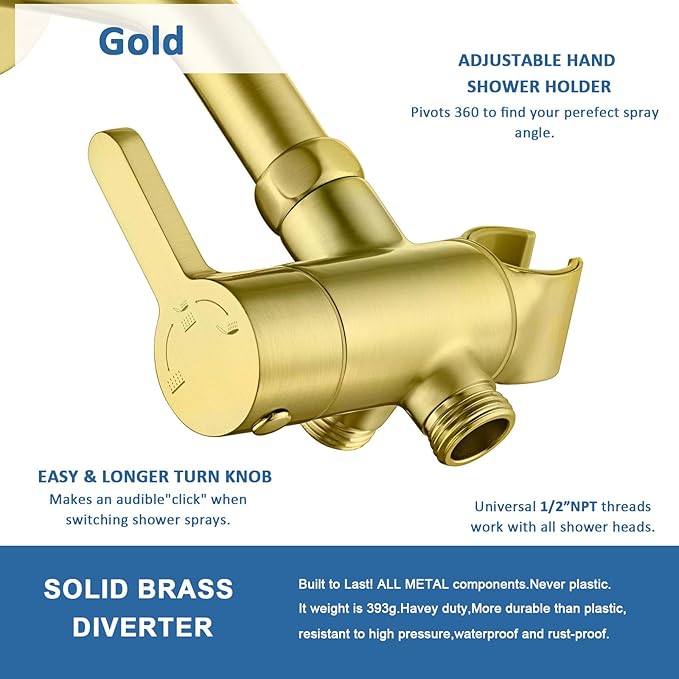 3 Way Shower Diverter Valve with Hand Shower Holder, G1/2 Shower Head Splitter, Shower Arm Diverter (Gold)