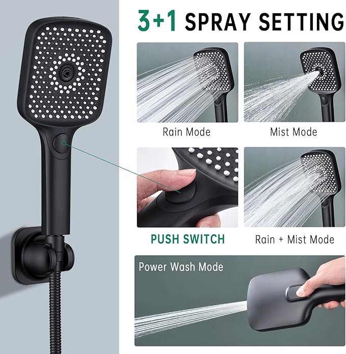 Shower Heads with Handheld Spray Combo, 13 Inches Rain Shower Head with 4 Mode Handheld Wand, and 13 Inches Adjustable Extension Arm, 3 Way Diverter Valve, Extra Long Hose (Matte Black)
