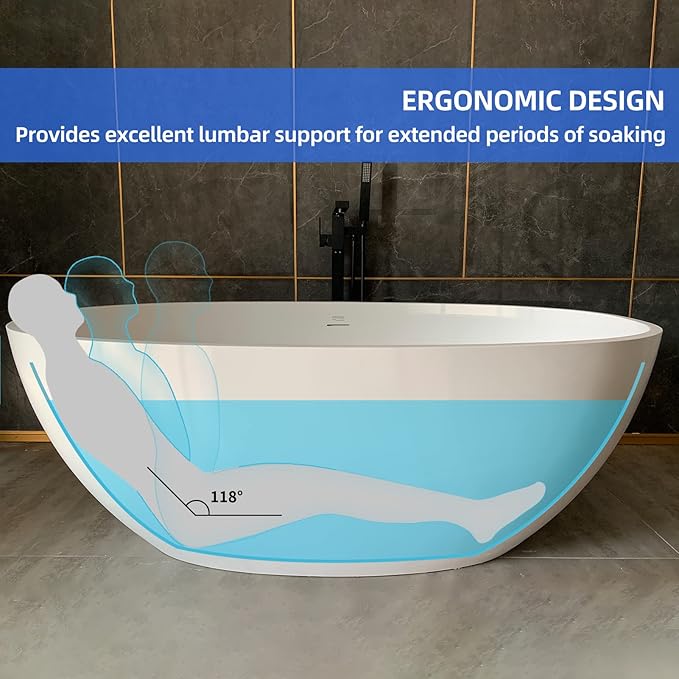 Cpingao 63" Freestanding Bathtub, Oval Shaped Resin Stone Freestanding Tubs, Solid Surface Matte White Soaking Tub with Overflow and Pop-up Drain 8801-1600