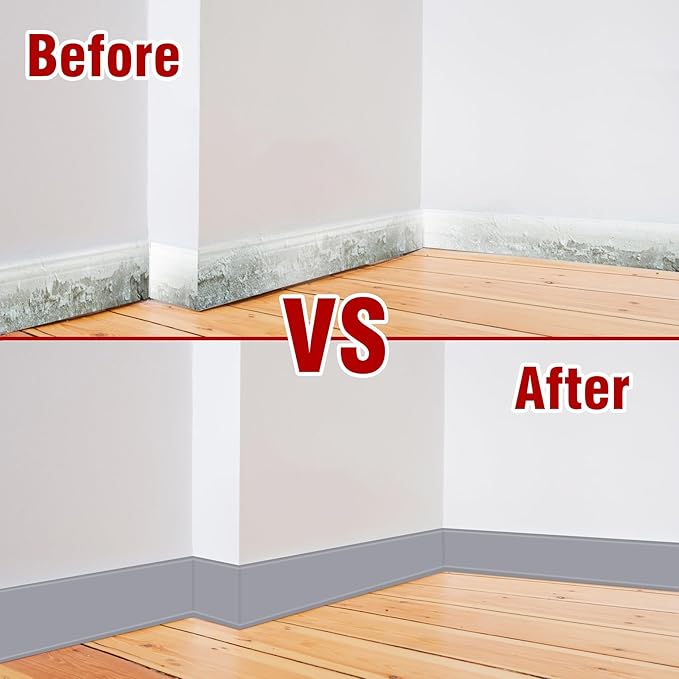 Vinyl Baseboard Molding Trim 6 Inch x 60 Feet Peel and Stick Baseboard Trim Flexible PVC Cove Base Moulding Self-Adhesive Trim for Garage Bathroom Cabinet Floor Walls, Gray