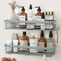 Orimade Shower Caddy with 5 Hooks for Hanging Razor and Sponge Adhesive Shower Shelf Basket Bathroom Storage Organizer Kitchen Rack No Drilling Stainless Steel Rustproof - 2 Pack, Light Blue Grey
