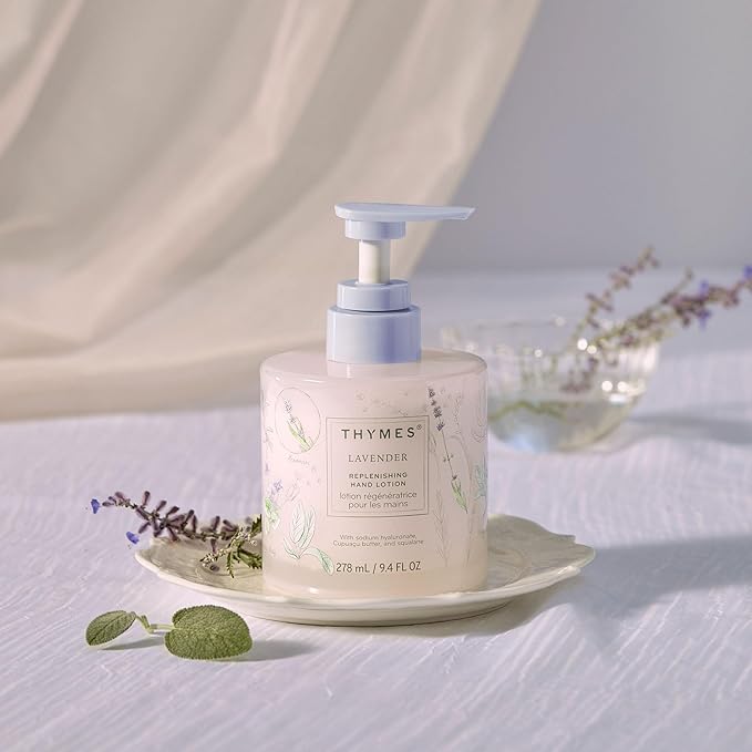Thymes Replenishing Hand Lotion for Dry Skin - Daily Moisturizer Helps Reduce Dryness - Hand Lotion for Women & Men Formulated with Sodium Hyaluronate & Squalane (Lavender, 9.4 fl oz)