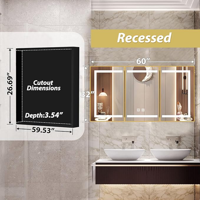 APRILSOUL 60X32 Inch Gold Bathroom Medicine Cabinet with Mirror, Recessed or Surface Lighted Medicine Cabinet with 3 Colors Temperature, Dimmable Light
