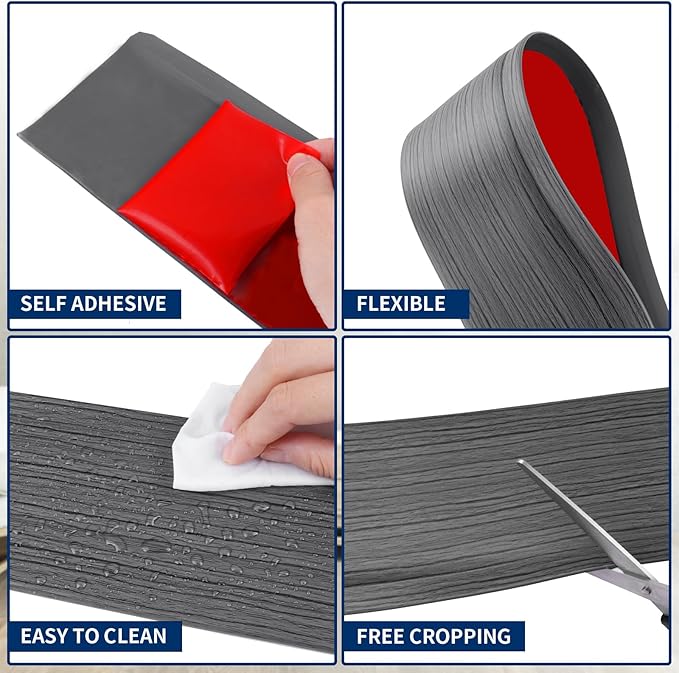 Flexible Baseboard Molding Trim 4 Inch Self-Adhesive Vinyl Wall Base Peel and Stick Cove Base Rubber Wall Baseboard Moulding Trim (20Ft, Deep Gray Wood Grain)