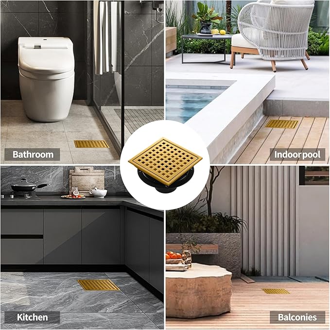 Shower Drain, Brushed Gold 6 inch Shower Floor Square Drain with Flange, Removeable Grid Panel SUS 304 Stainless Steel Square Shower Drain