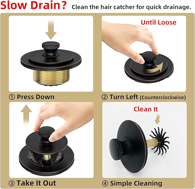 Champagne Brushed Gold Bronze Bathtub Drain, Hair Catcher and 2-Hole Overflow Faceplate, 11.5/16 UNC, Lift and Turn Bathtub Drain Replacement, Tub Drain Stopper
