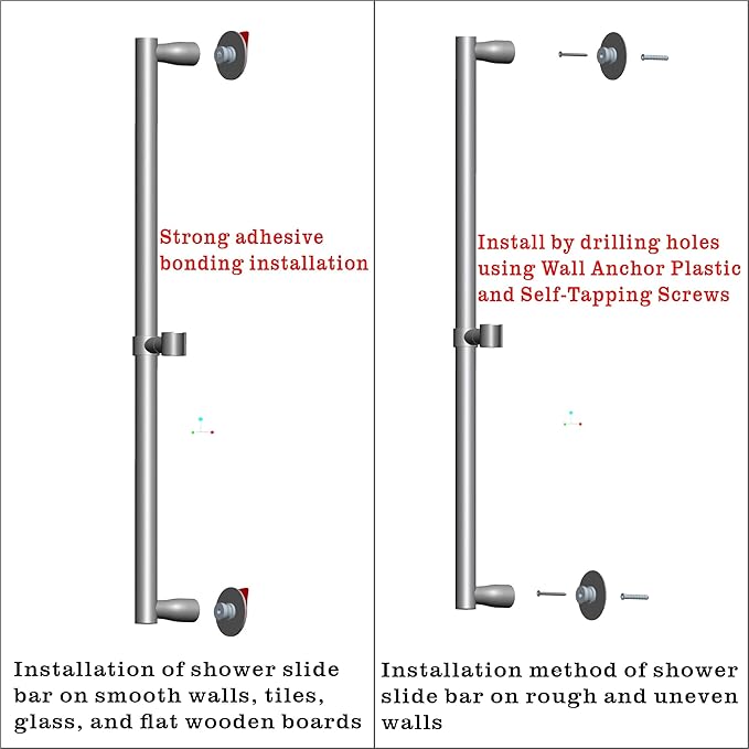 RRAJJ Shower Slide bar That is Installed by pasting or Punching Holes，Adjustable Height 28 inch of All SUS304 Stainless Steel Shower Head Holder(All Stainless Steel- Chrome)