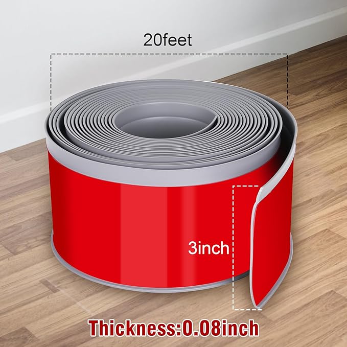 Vinyl Baseboard Molding Trim 3 Inch x 20 Feet Peel and Stick Baseboard Trim Flexible PVC Cove Base Moulding Self-Adhesive Trim for Garage Bathroom Cabinet Floor Walls, Gray