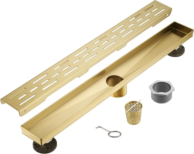 Sharp-tec Linear Shower Drain, 36 inch Shower Drain with Removable Pattern Cover, Brushed Gold 304 Stainless Steel Rectangle Floor Drain, Adjustable Feet and Hair Strainer Included (Model 101)