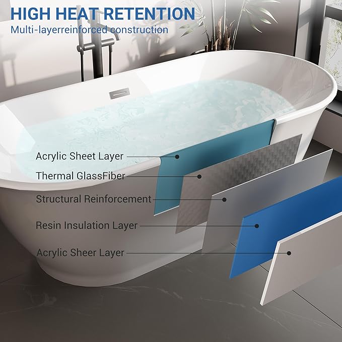Freestanding Bath Tub 59 Inch Acrylic Oval Soaking Tub – Extra Large Freestanding Bathtub for Home Bathroom, Stand Alone Tub with Integrated Overflow, Modern Soaking Tub for Adults, White Finish
