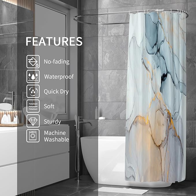 Gibelle Abstract Marble Shower Curtain, Blue Grey Fabric Shower Curtain for Bathroom, Modern Ink Art Decor Waterproof Shower Curtain Set with Hooks, 71x71