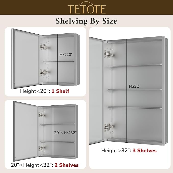TETOTE 36 x 24 Medicine Cabinet with Mirror with Tempered Beveled Mirror Silver Medicine Cabinet Aluminum Cabinet DTC Hinges, Stepless Adjustable Shelves, Recessed/Surface-Mounted