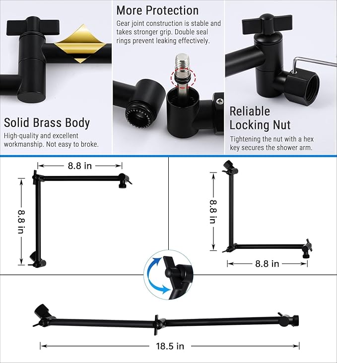 G-Promise 18 Inch Shower Head Extension Arm, Solid Brass Height & Angle Adjustable Extender, Rise or Lower Rainfall and Fixed Shower Head (Matte Black)
