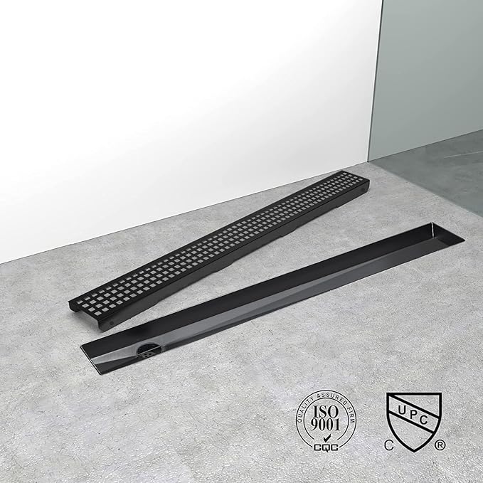 Offset Linear Shower Drain, Matte Black Shower Drain 24 inch with Removable Grate Cover, Brushed 304 Stainless Steel Side Outlet Black Shower Floor Drain with Hair Catcher and Leveling Feet