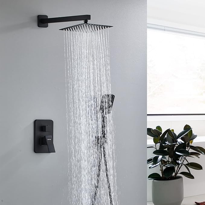 Bathroom Shower System 10 Inch Rain Shower Head and Handheld Wall Mounted, High Pressure Rainfall Dual Shower Combo Set with Valve and trim, Luxury Rain Mixer Brushed Black Shower Faucet
