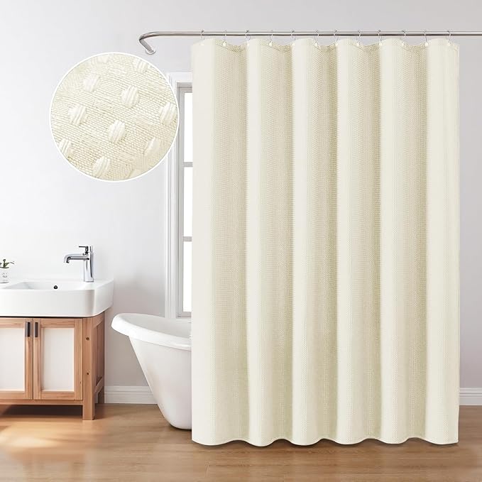Inhousolu Fabric Shower Curtain Waffle Weave, 230 GSM Heavy Duty, Weighted Hem, 14 Metal Hooks, Water Repellent, Machine Washable, Hotel Spa Luxury Bath Curtain Set, 72 x 78 Inch, Ivory