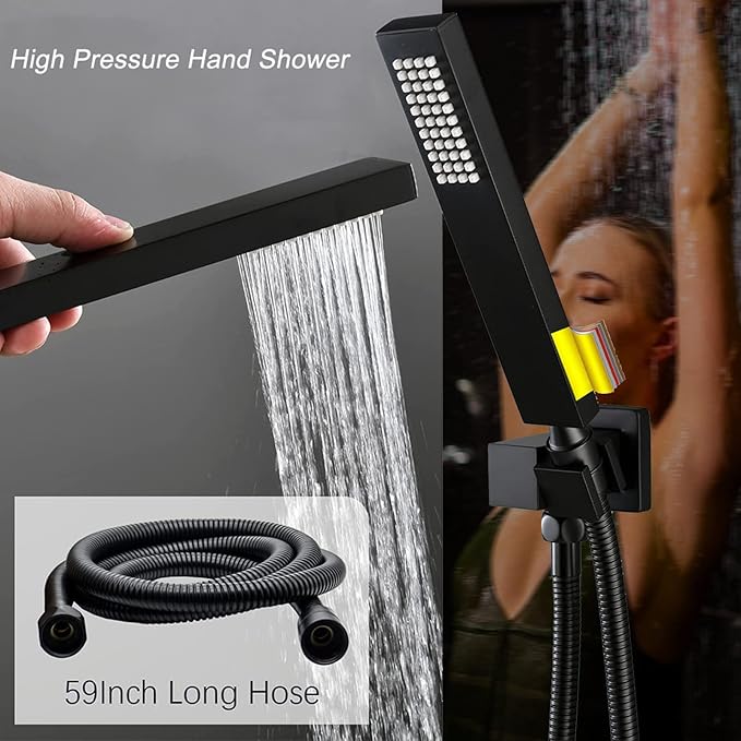 Thermostatic Shower System Matte Black Shower Fixtures 12 Inch Wall Mounted Full Body Shower System with Tub Spout, 4 Way Shower Faucet with 6 PCS Body Jets, Handheld Shower