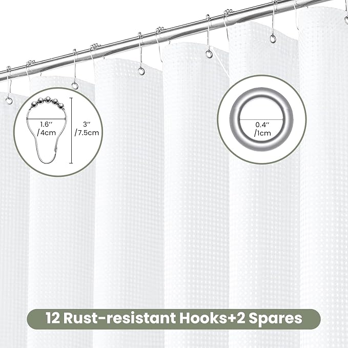 Inhousolu Fabric Shower Curtain Waffle Weave, 230 GSM Heavy Duty, Weighted Hem, 14 Metal Hooks, Water Repellent, Machine Washable, Hotel Spa Luxury Bath Curtain Set, 72 x 78 Inch, White