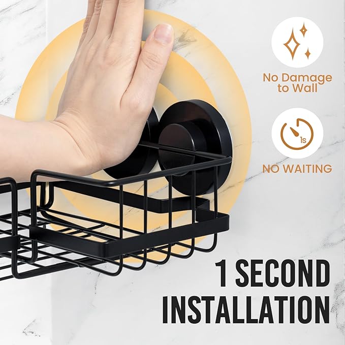 LEVERLOC 2 Pack Corner-adaptive Suction Cup Shower Caddies, Drill-Free Wall Mounted Basket, Stainless Steel Rustproof Corner Shower Shelf, Large Capacity Removable Suction Bathroom Organizer, Black