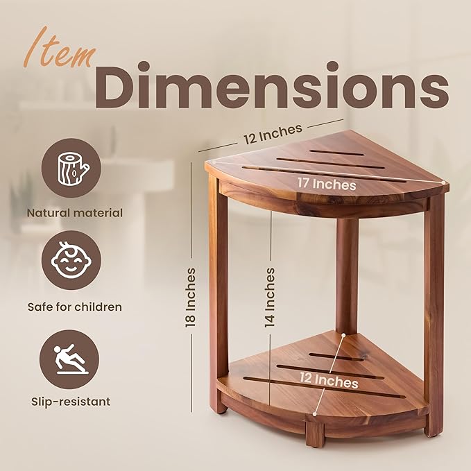 HOLANA 18" Wood Corner Shower Bench & Corner Shower Stool with Storage Shelf - Footrest for Shaving Legs - Bath Step for Small Spaces - Perfect for Indoor or Outdoor (Acacia)