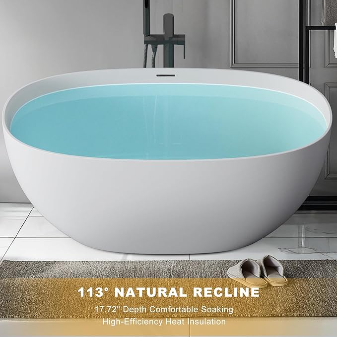 Stone Resin Freestanding Bathtubs,Soklawah 59" Solid Surface Luxury Soaking Tub,Oval Stand Alone Bathroom Bath tub with Drain & Integrated Slotted Overflow,Matte White Elegant Soaker Free Standing Tub