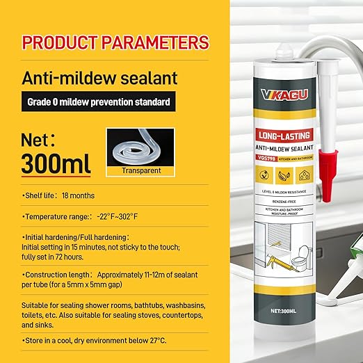 VGS 798 Professional Silicone Sealant Caulk 10.15 Oz Cartridge, 1 Pack - for Kitchen & Bathroom 100% Waterproof Silicone Sealant, Shrink-Resistant & Crack-Resistant