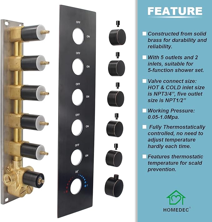 Can Run All Functions Together 5-Way Shower Diverter Valve Kit, HOMEDEC Concealed Brass Thermostatic Mixer Valve Handles Control Outlets Shower Flow(Oil Rubbed Bronze, Vertical installation)