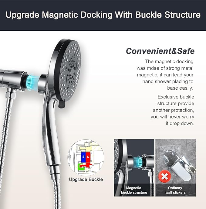 2.5 gpm Magnetic Shower Head with Handheld:High Pressure10-setting Shower Head,Magnetic Bracket,59 Inches Stainless Steel Showerhose,Magnetic Shower Base,1.8 gpm flow control valve.(Chorme)