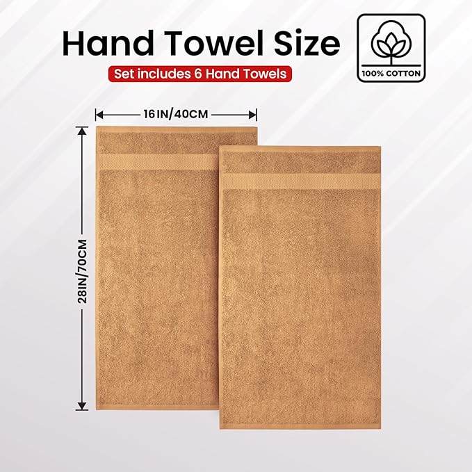 Infinitee Xclusives Beige Hand Towels for Bathroom - Set of 6 (16x28 inches) 600 GSM, 100% Cotton Ultra Soft, Quick Drying, Hotel Quality Hand Towel Set (Cosmic Sand)