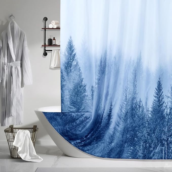 ORTIGIA 84 Inch Extra Wide Blue Misty Forest Shower Curtain for Bathroom, Nature Woodland Shower Curtain Set with Hooks, Decorative Pine Tree Fog Magic Bath Curtain, Waterproof Fabric, 84x72