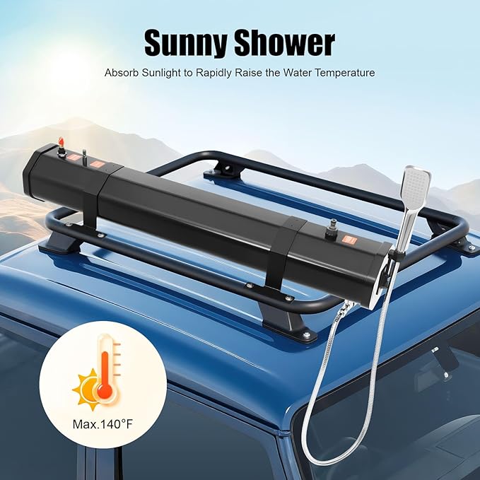 Portable Water Tank for Camping, 7.93 Gallon Roof Rack Mount Road Shower Water Tank w/Storage Bag and 5.58ft Hose, Outdoor Activities Water Supply for SUVs Sedans RVs Trucks