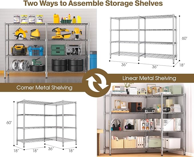 Himimi 4-Tier Adjustable Metal Shelving - 1600LBS Capacity, Heavy Duty Wire Organizer for Pantry, Kitchen, Garage, Laundry, 72" W x 18" D x 60" H, Silver