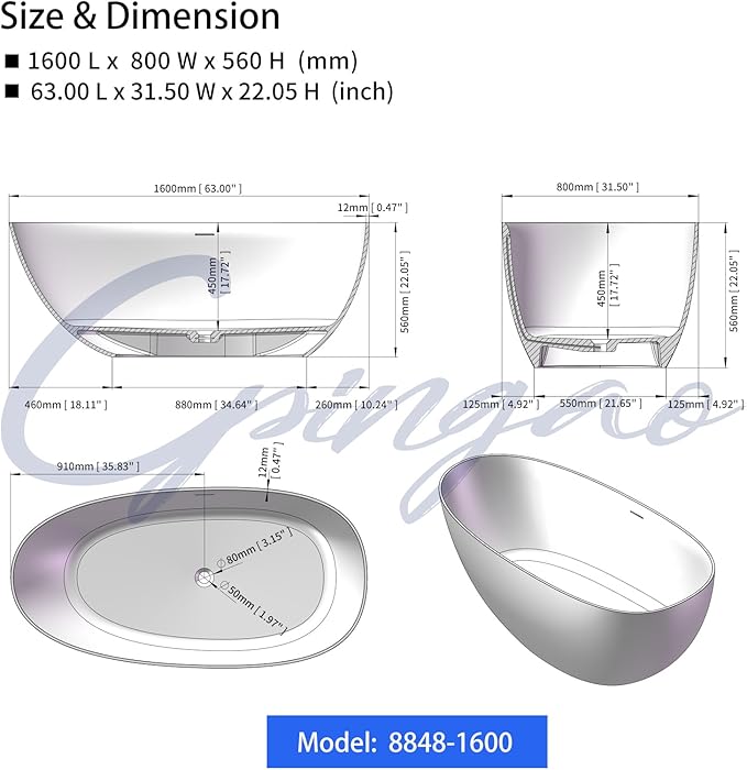 Cpingao 63" Stone Resin Freestanding Bathtub, Oval Solid Surface Contemporary Soaking Tub, Matte White Flatbottom Tubs with Overflow and Pop-up Drain, cUPC Certified 8848-1600