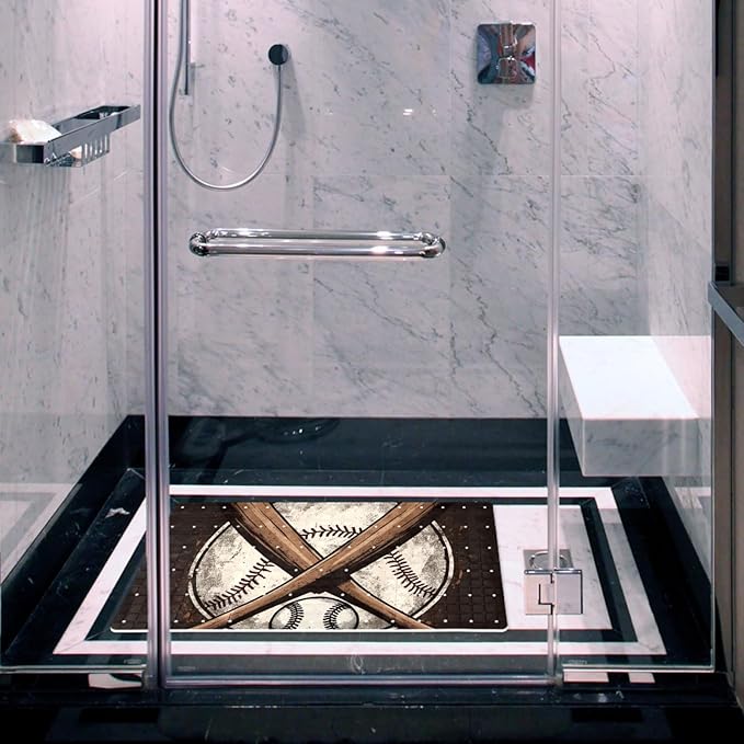 Bath Tub and Shower Mats, Non Slip Bathmat with Drain Holes and Suction Cups for Bathroom Floor, 15.1 x 26.8 Inch (Vintage Crossed Baseball Bat)