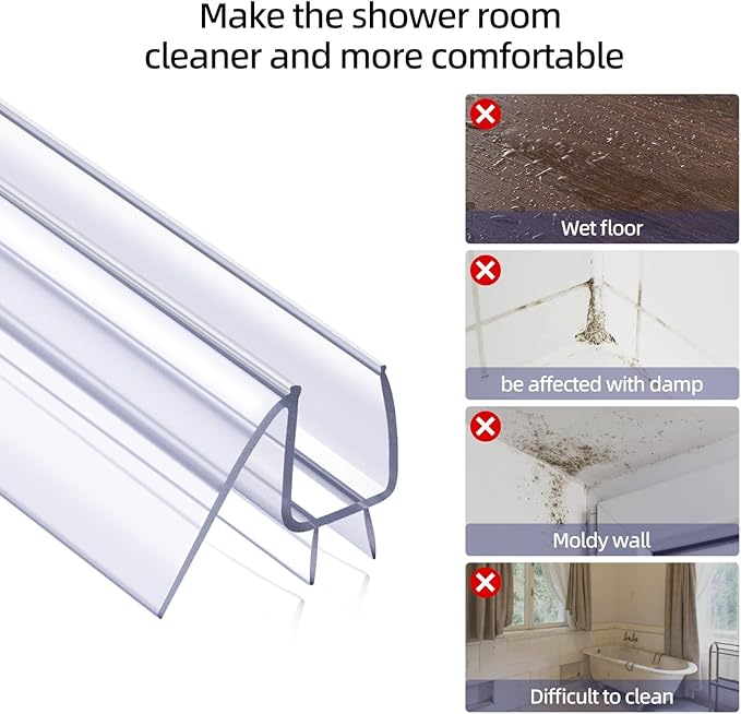 POZIA Shower Door Bottom Seal Frameless Glass Shower Door Seal Strip Clear Vinyl Durable Stop Shower Leaks and Create a Water Barrier Ultra Clear (2PACK-1/4in)