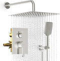 Shower Faucet Set - 12 inches Rain Shower System with 6 Function Handheld Shower Head Rough in Pressure Balance Valve Kit - Stainless Steel Bathroom Shower Kit Complete Brushed Nickel