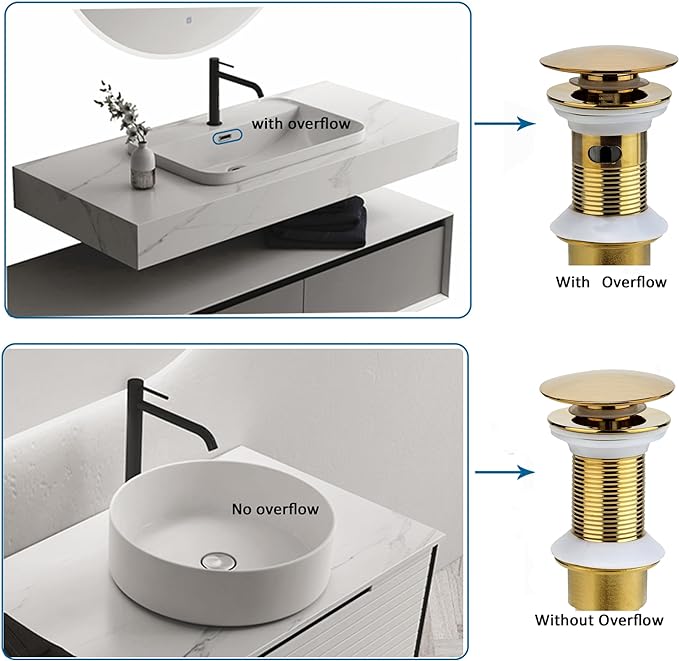Bathroom Sink Drain, Gold Drain Stopper Bathroom Sink Without Overflow,Pop Up Drain Assembly with Detachable Strainer Basket,Built-in Anti-Clogging Strainer,Stainless Steel